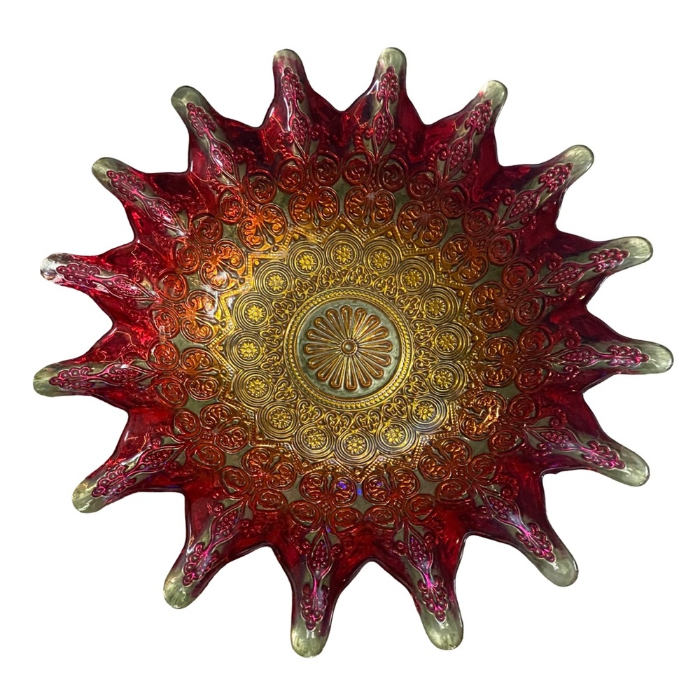 Fenton Red and Orange Iridescent Carnival Glass Bowl Ruffled Star-Shaped Rim.